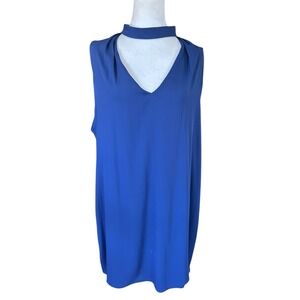 White House Black Market Blue Shift Dress V-Neck With Choker, Zip Back SZ L